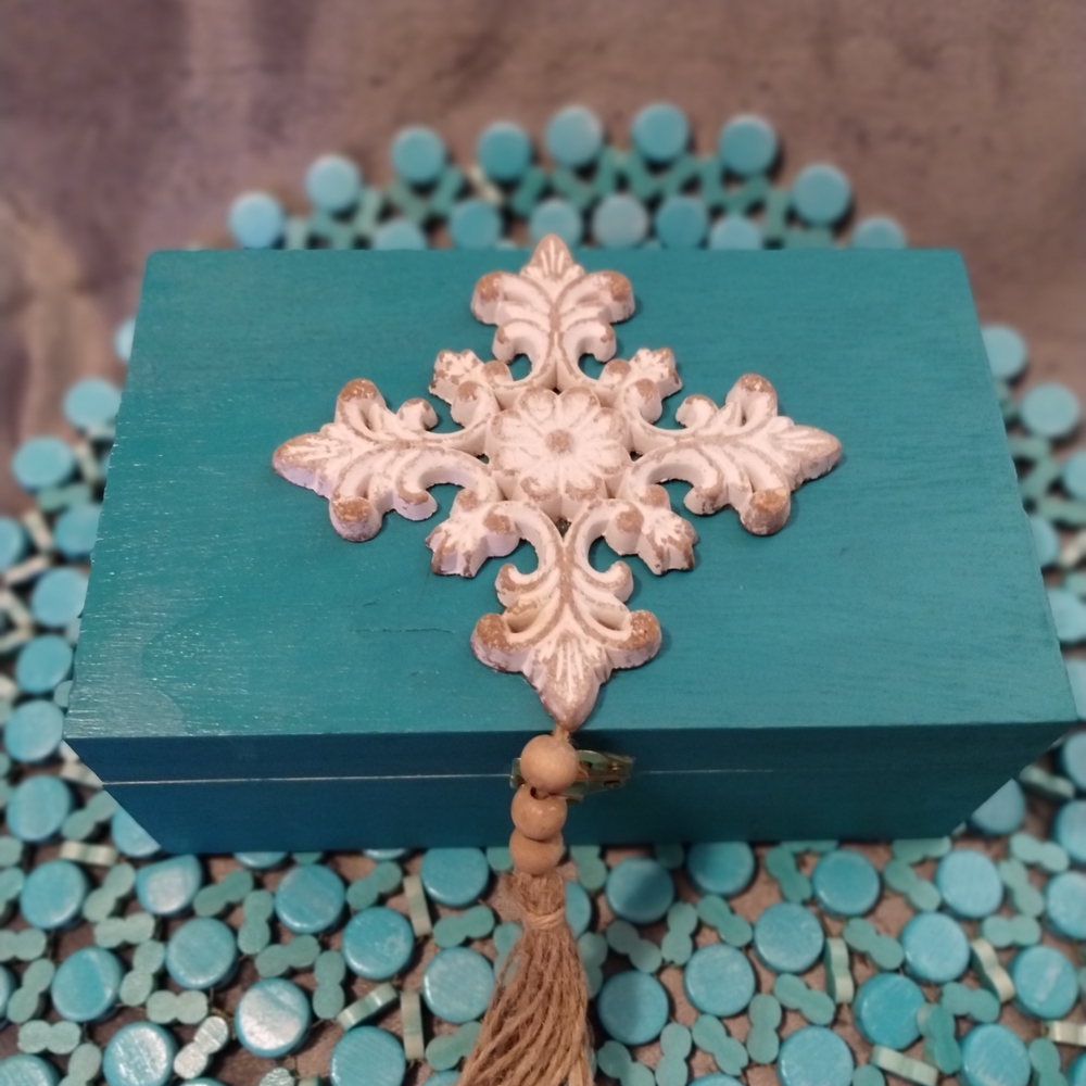 Hand Crafted Teal Box with White and Gold Accent